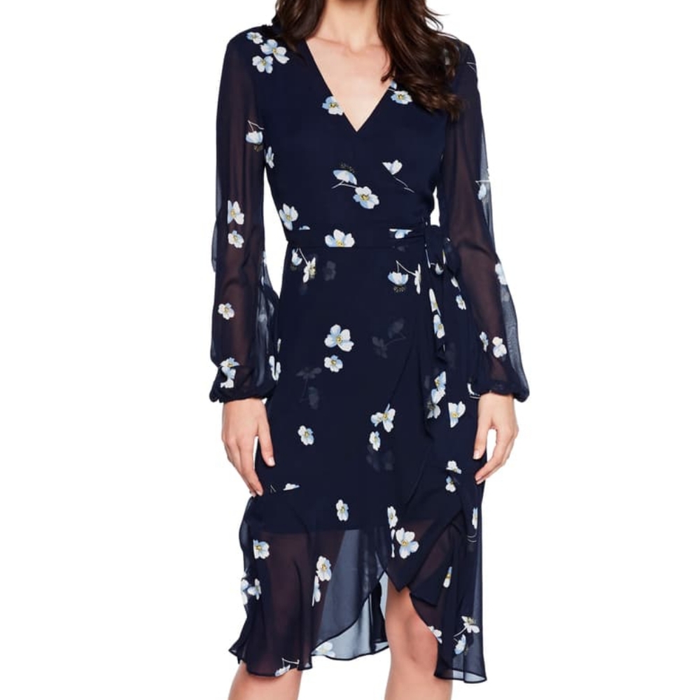 Bardot Poppy Floral Faux Wrap Chiffon Midi Dress, Navy Blue Sz 10 EUC